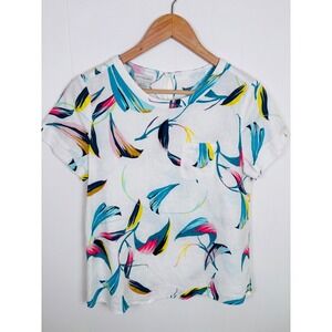 Van Heusen Floral Print Linen Blend Top Pocket Short‎ Sleeve Casual Blouse Small